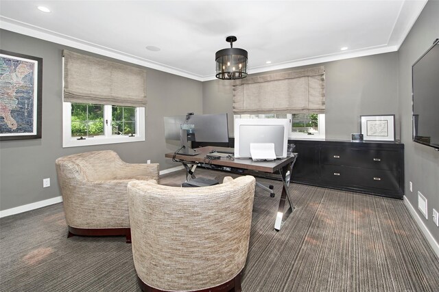 93 Haights Cross Rd, Chappaqua, NY 10514 - home office with plenty of natural light, dark carpet, recessed lighting, baseboards, and ornamental molding