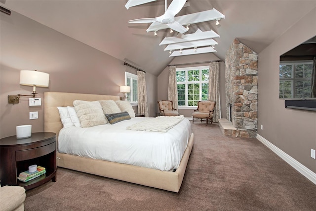 93 Haights Cross Rd, Chappaqua, NY 10514 - carpeted bedroom featuring lofted ceiling, baseboards, and a ceiling fan