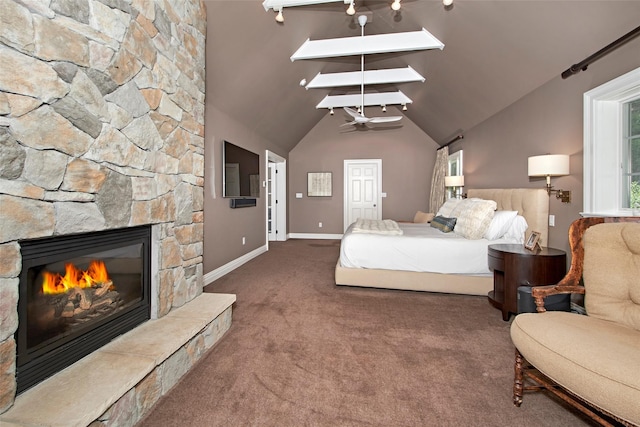 93 Haights Cross Rd, Chappaqua, NY 10514 - carpeted bedroom featuring a fireplace, baseboards, and high vaulted ceiling