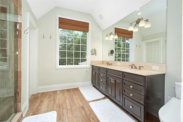 93 Haights Cross Rd, Chappaqua, NY 10514 - full bath with double vanity, wood finished floors, a stall shower, lofted ceiling, and toilet