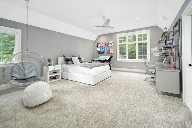 93 Haights Cross Rd, Chappaqua, NY 10514 - carpeted bedroom with vaulted ceiling, baseboards, an office area, recessed lighting, and a ceiling fan