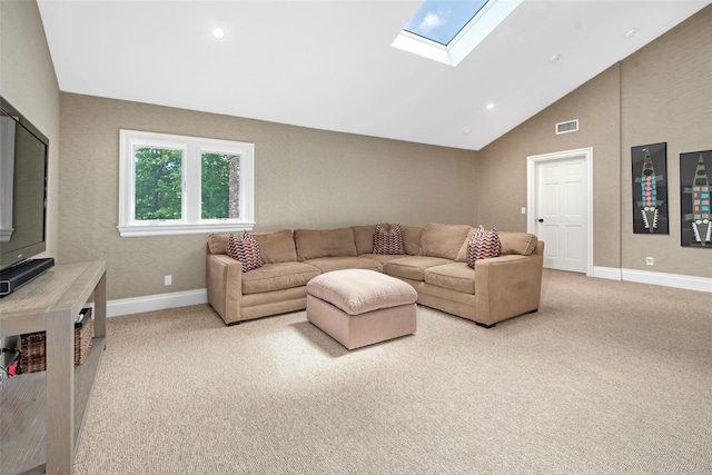 93 Haights Cross Rd, Chappaqua, NY 10514 - living area featuring a skylight, light carpet, baseboards, recessed lighting, and high vaulted ceiling
