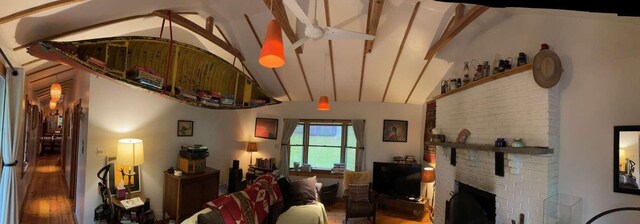 3 Perry Rd, Barryville, NY 12719 - living room featuring wood finished floors, high vaulted ceiling, and beam ceiling
