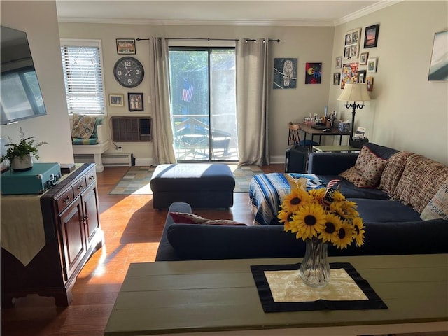 129 Main St Unit C8, Cornwall, NY 12518 - living room with ornamental molding, wood finished floors, and an AC wall unit