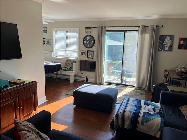 129 Main St Unit C8, Cornwall, NY 12518 - living room with crown molding, wood finished floors, baseboard heating, ceiling fan, and baseboards