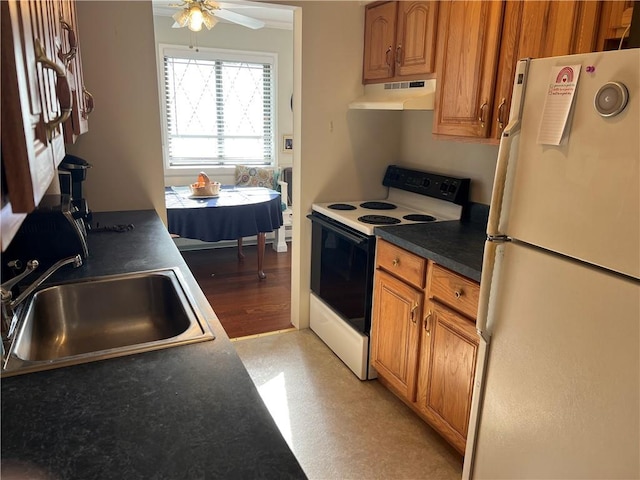 129 Main St Unit C8, Cornwall, NY 12518 - kitchen featuring freestanding refrigerator, electric stove, under cabinet range hood, a sink, and a ceiling fan