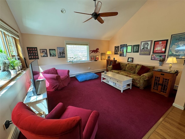 459 Illington Rd, Ossining, NY 10562 - living room with a ceiling fan, wood finished floors, a baseboard heating unit, and high vaulted ceiling