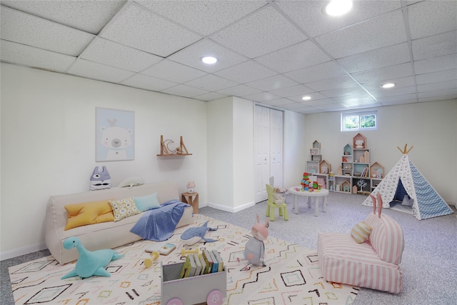 21 Rita Cres, Commack, NY 11725 - rec room featuring carpet flooring, recessed lighting, a paneled ceiling, and baseboards