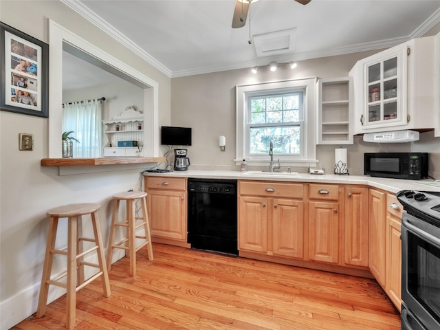 20 Tusten Ave, Goshen, NY 10924 - kitchen featuring black appliances, a sink, ornamental molding, light wood-style flooring, and glass insert cabinets