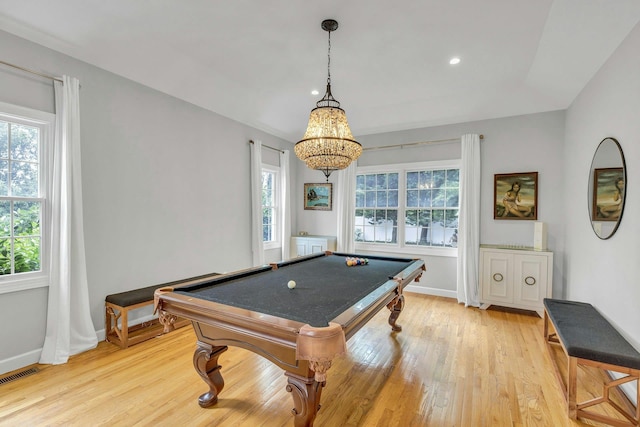 6 Esteves Ct, Melville, NY 11747 - recreation room with light wood finished floors, billiards, a chandelier, baseboards, and recessed lighting