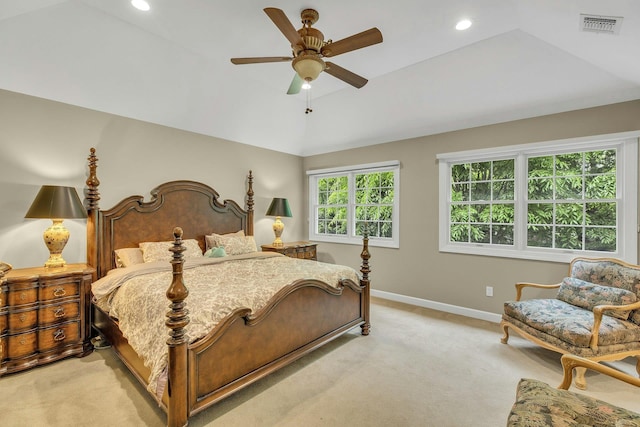 6 Esteves Ct, Melville, NY 11747 - bedroom with light colored carpet, baseboards, vaulted ceiling, recessed lighting, and a ceiling fan
