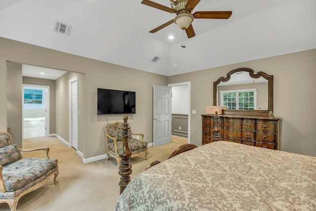 6 Esteves Ct, Melville, NY 11747 - bedroom featuring light carpet, baseboards, recessed lighting, a ceiling fan, and lofted ceiling