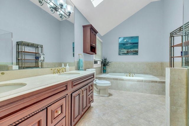 6 Esteves Ct, Melville, NY 11747 - bathroom with a bath, tile patterned floors, toilet, double vanity, and a skylight