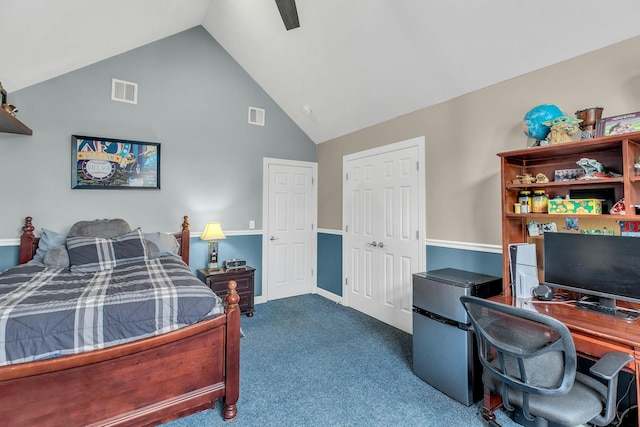 6 Esteves Ct, Melville, NY 11747 - bedroom featuring dark colored carpet, an office area, freestanding refrigerator, ceiling fan, and high vaulted ceiling