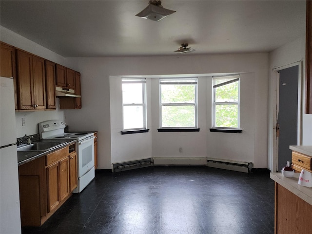 36 S 23rd St, Wyandanch, NY 11798 - kitchen featuring white appliances, under cabinet range hood, a sink, and brown cabinets