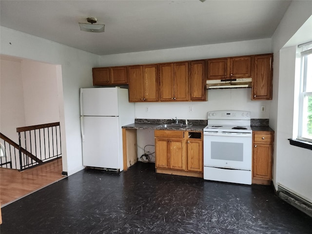 36 S 23rd St, Wyandanch, NY 11798 - kitchen featuring white appliances, under cabinet range hood, brown cabinets, and a sink