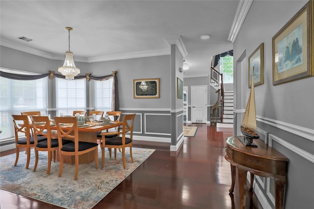 8 Wisteria Ln, Lake Grove, NY 11755 - dining room with crown molding, a chandelier, stairway, wainscoting, and dark wood-type flooring