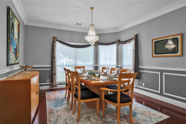 8 Wisteria Ln, Lake Grove, NY 11755 - dining room with a chandelier, ornamental molding, wood finished floors, and a wainscoted wall