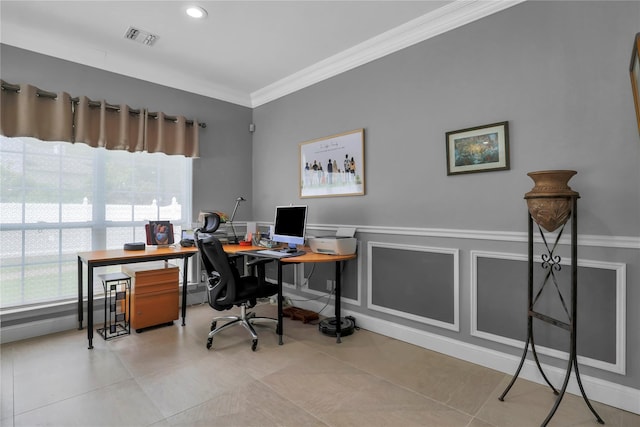 8 Wisteria Ln, Lake Grove, NY 11755 - office featuring ornamental molding, plenty of natural light, wainscoting, and tile patterned floors
