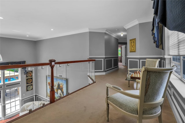8 Wisteria Ln, Lake Grove, NY 11755 - hallway featuring an upstairs landing, crown molding, carpet flooring, wainscoting, and recessed lighting