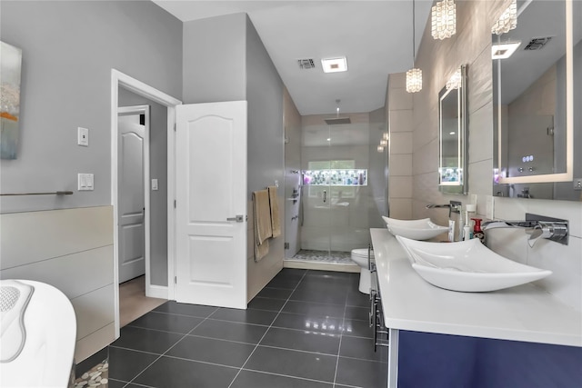 8 Wisteria Ln, Lake Grove, NY 11755 - bathroom with a stall shower, double vanity, tile patterned flooring, and toilet