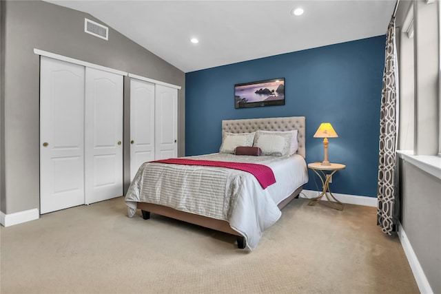 8 Wisteria Ln, Lake Grove, NY 11755 - bedroom featuring carpet, two closets, baseboards, vaulted ceiling, and recessed lighting