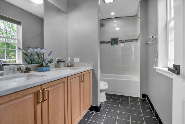 8 Wisteria Ln, Lake Grove, NY 11755 - full bathroom with double vanity, tile patterned flooring, toilet, shower / bath combination, and recessed lighting