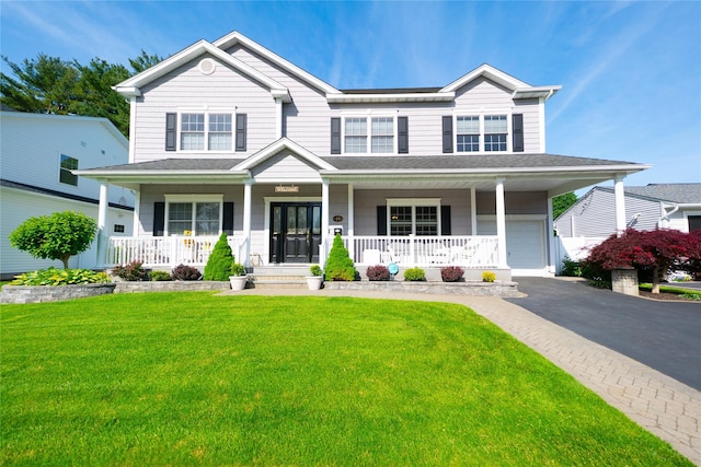 14 Gordon Ave, Plainview, NY 11803 - view of front of home featuring covered porch, a front yard, driveway, and an attached garage