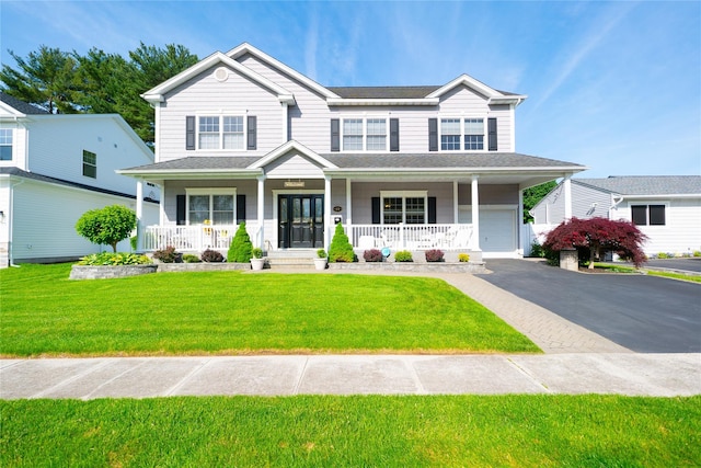14 Gordon Ave, Plainview, NY 11803 - view of front of property with covered porch, asphalt driveway, a front lawn, and a garage