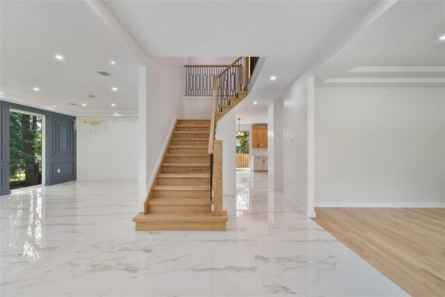 615 Union Rd, Spring Valley, NY 10977 - staircase with recessed lighting and marble tiled floors