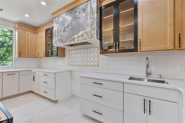 615 Union Rd, Spring Valley, NY 10977 - kitchen featuring backsplash, light countertops, glass insert cabinets, and recessed lighting