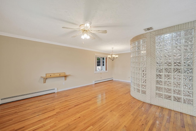 8 Adolphi Pl, Ronkonkoma, NY 11779 - empty room featuring a baseboard radiator, a chandelier, a ceiling fan, hardwood / wood-style flooring, and ornamental molding