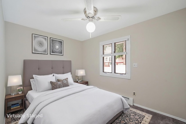 8 Adolphi Pl, Ronkonkoma, NY 11779 - carpeted bedroom featuring baseboards, a baseboard radiator, and a ceiling fan