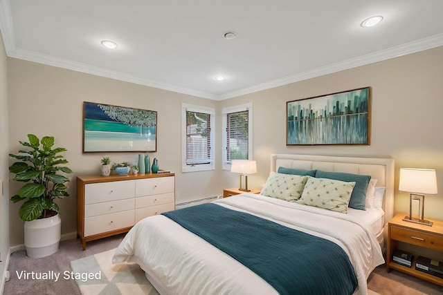 8 Adolphi Pl, Ronkonkoma, NY 11779 - bedroom with light colored carpet, ornamental molding, baseboards, a baseboard radiator, and recessed lighting