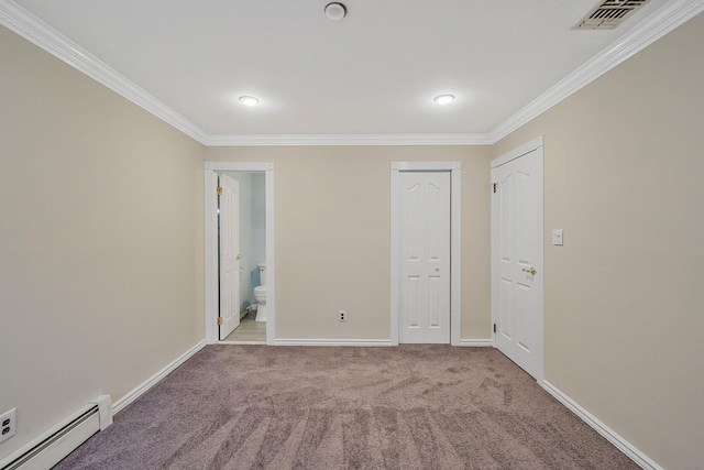 8 Adolphi Pl, Ronkonkoma, NY 11779 - unfurnished bedroom featuring a baseboard radiator, ornamental molding, baseboards, carpet, and ensuite bath
