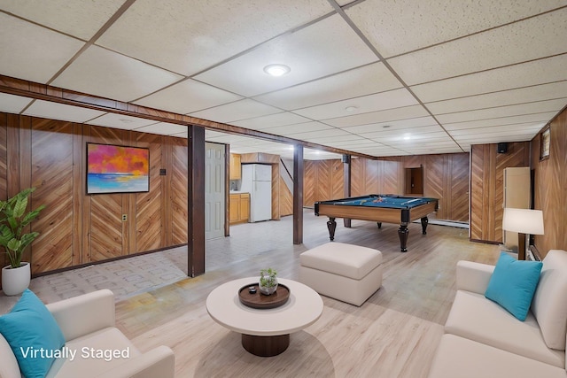 8 Adolphi Pl, Ronkonkoma, NY 11779 - recreation room with wood walls, wood finished floors, billiards, and a drop ceiling