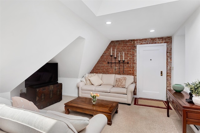6 Davis Ave Unit A42, Rye, NY 10580 - carpeted living area featuring brick wall, lofted ceiling, recessed lighting, and a skylight
