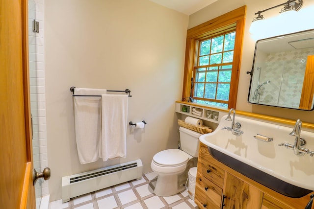 470 Winding Hill Rd, Montgomery, NY 12549 - full bathroom with baseboard heating, tile patterned floors, toilet, vanity, and a shower