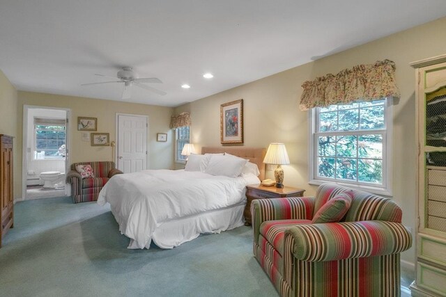 26 Mayberry Rd, Chappaqua, NY 10514 - bedroom featuring carpet, recessed lighting, connected bathroom, and ceiling fan