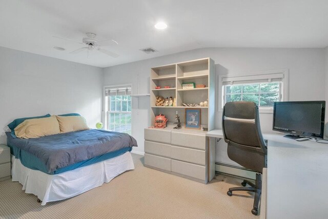 26 Mayberry Rd, Chappaqua, NY 10514 - carpeted bedroom featuring baseboard heating, a desk, multiple windows, a ceiling fan, and recessed lighting