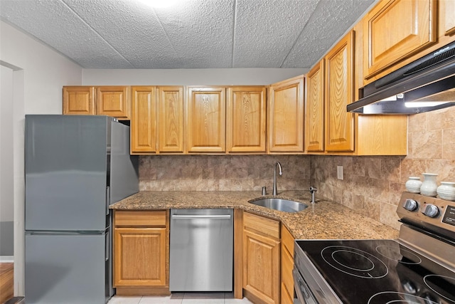 9965 Shore Rd Unit 6B, Brooklyn, NY 11209 - kitchen with appliances with stainless steel finishes, a sink, under cabinet range hood, and decorative backsplash