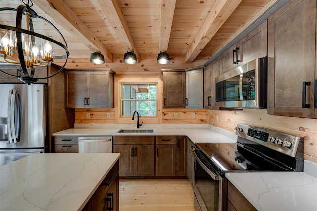 57 Zane Grey Way, Barryville, NY 12719 - kitchen featuring stainless steel appliances, light wood-style flooring, a sink, wooden ceiling with exposed beams, and a chandelier