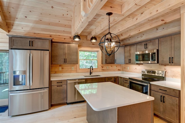57 Zane Grey Way, Barryville, NY 12719 - kitchen with stainless steel appliances, wooden ceiling with exposed beams, light wood-type flooring, a sink, and wood walls