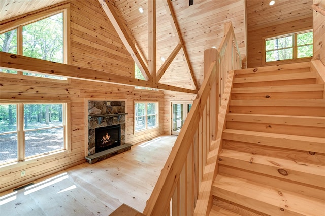 57 Zane Grey Way, Barryville, NY 12719 - staircase with wood walls, high vaulted ceiling, wooden ceiling, wood finished floors, and a fireplace