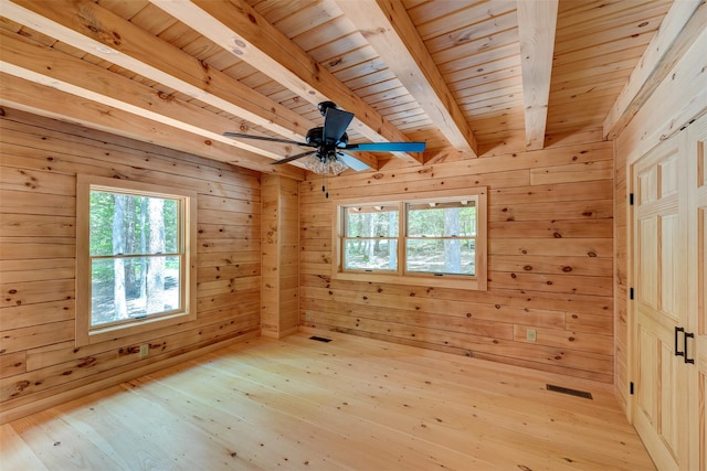 57 Zane Grey Way, Barryville, NY 12719 - spare room featuring healthy amount of natural light, wooden ceiling with exposed beams, wood walls, light wood-style floors, and ceiling fan