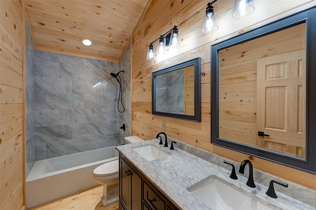 57 Zane Grey Way, Barryville, NY 12719 - full bath with wooden walls, double vanity, toilet, washtub / shower combination, and wood finished floors