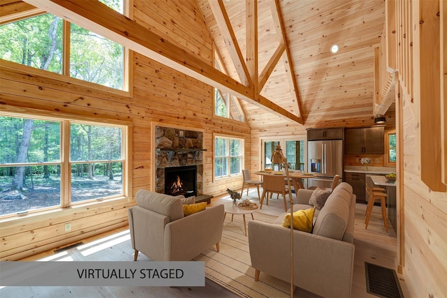 57 Zane Grey Way, Barryville, NY 12719 - living room with wooden walls, high vaulted ceiling, a wood ceiling with exposed beams, a fireplace, and light wood-type flooring