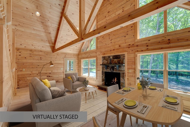 57 Zane Grey Way, Barryville, NY 12719 - living area featuring wood finished floors, wooden walls, high vaulted ceiling, a fireplace, and a wood ceiling with exposed beams