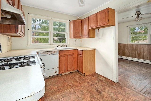 7 Orchard Pl, Harrison, NY 10528 - kitchen featuring under cabinet range hood, ornamental molding, light countertops, a sink, and healthy amount of natural light