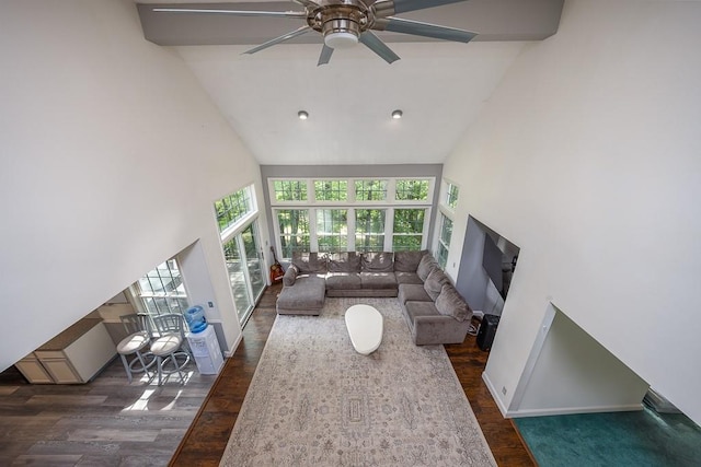 20 Hawk Nest Rd, Tomkins Cove, NY 10986 - living area featuring high vaulted ceiling, ceiling fan, and dark wood-style floors